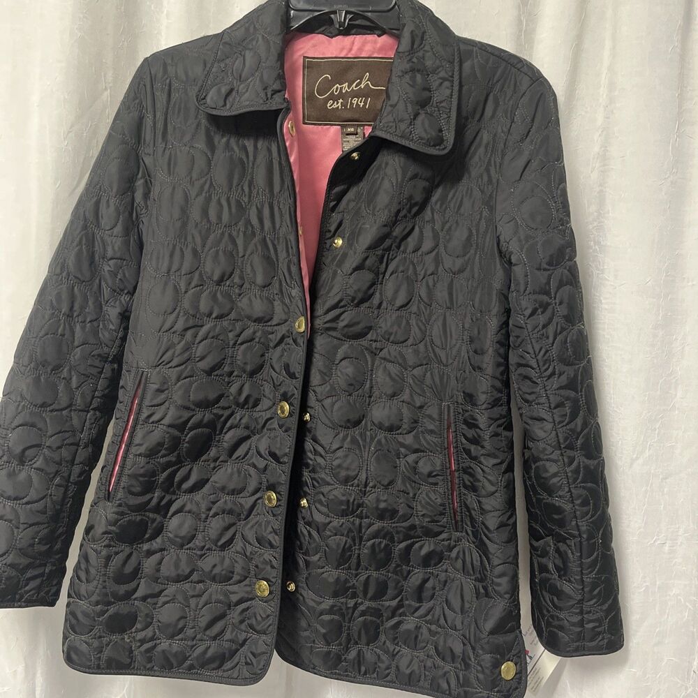 Coach Black Quilted Jacket  Signature Total Pattern Lined Size XS